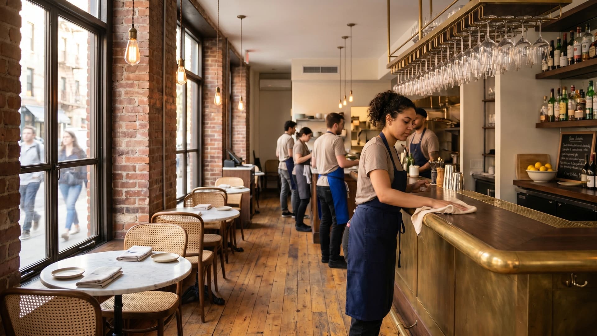 Independent NY restaurant bartender prepping at brass bar during pre-service hour — restaurant insurance