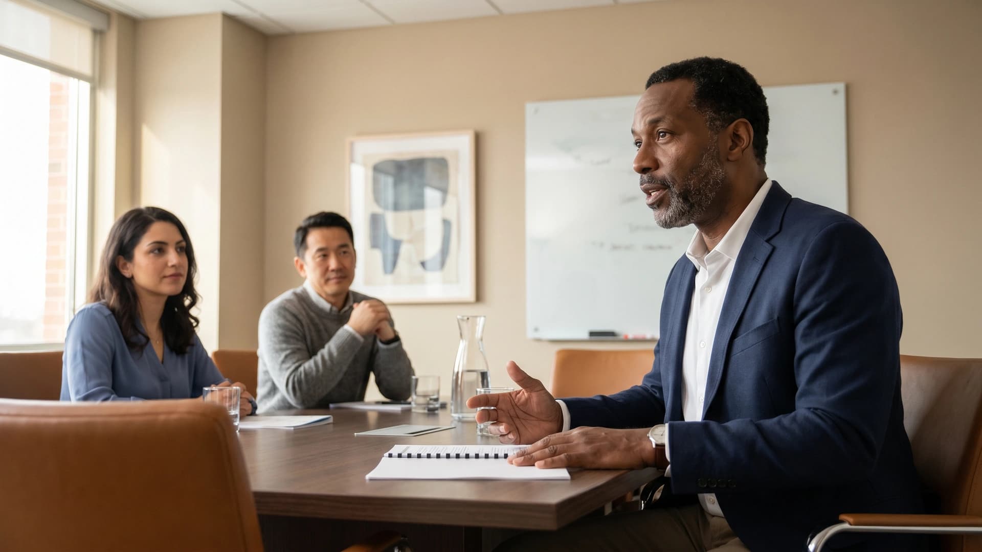 Medical group executives in strategy meeting at conference table — self-funded vs fully-insured