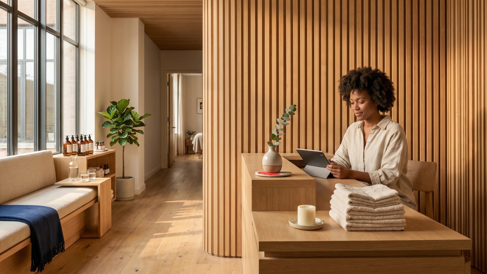 NY day spa reception front-of-house at quiet opening hour — wellness spa and beauty salon insurance