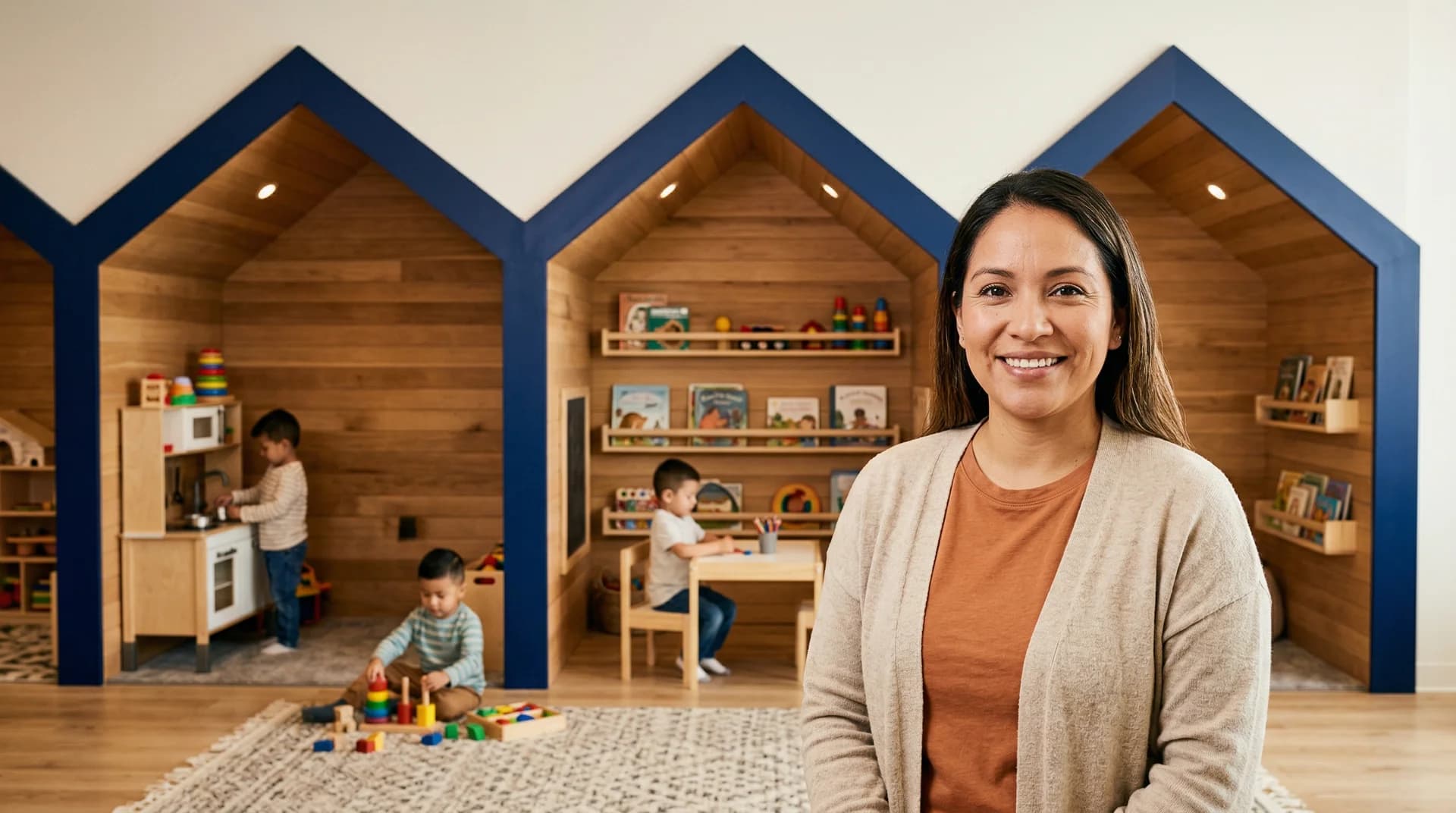 Daycare owner in modern childcare center with children playing