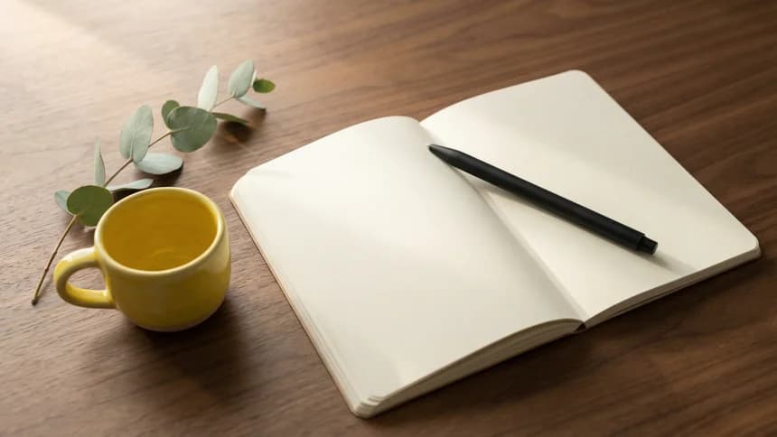 Curated desktop with notebook, pen, and espresso cup