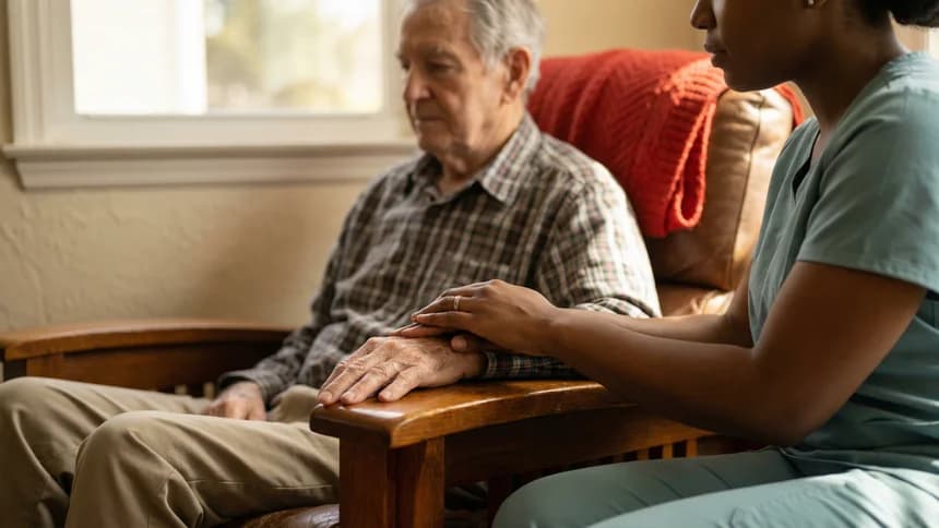Nurse gently resting hand over elderly patient's hand