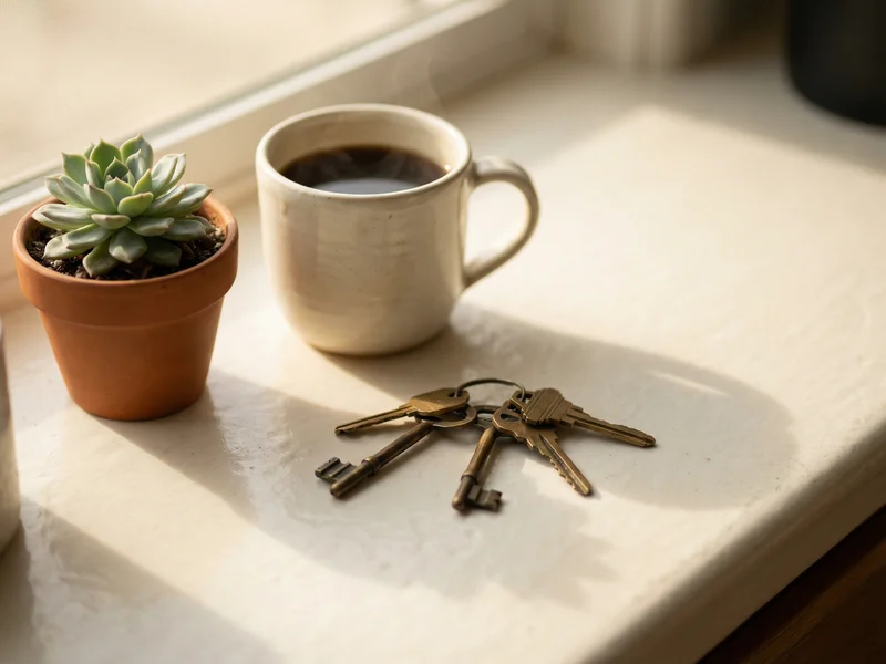 Keys beside a succulent and ceramic mug in morning light