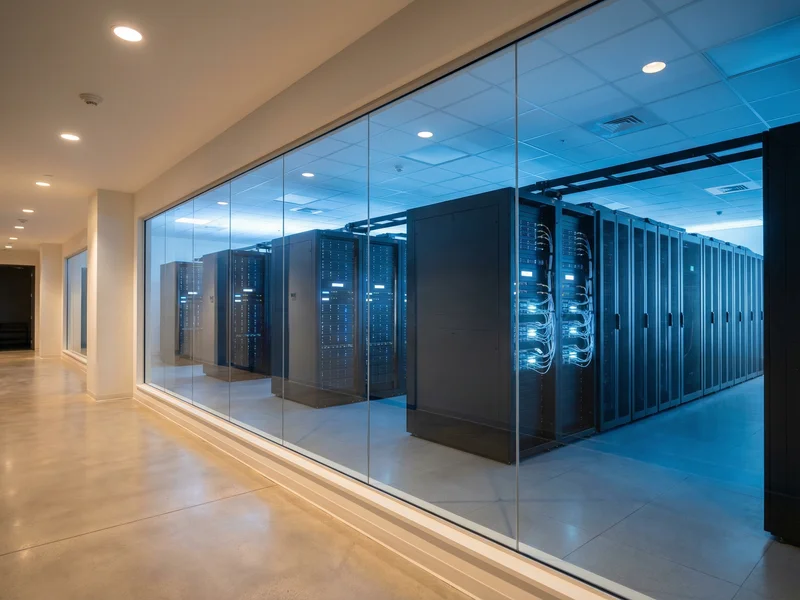 Server room viewed through glass partition with blue lights