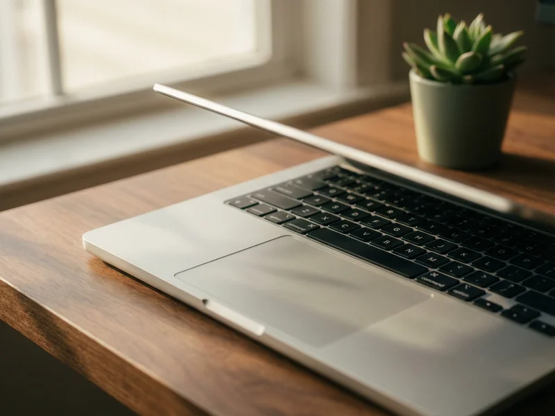 Laptop on walnut desk in warm natural light