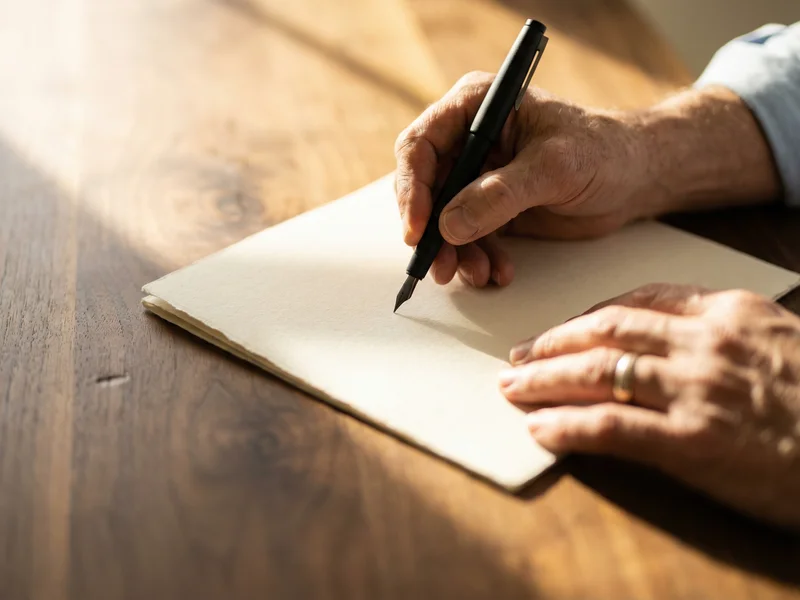 Hands signing a document on a walnut desk