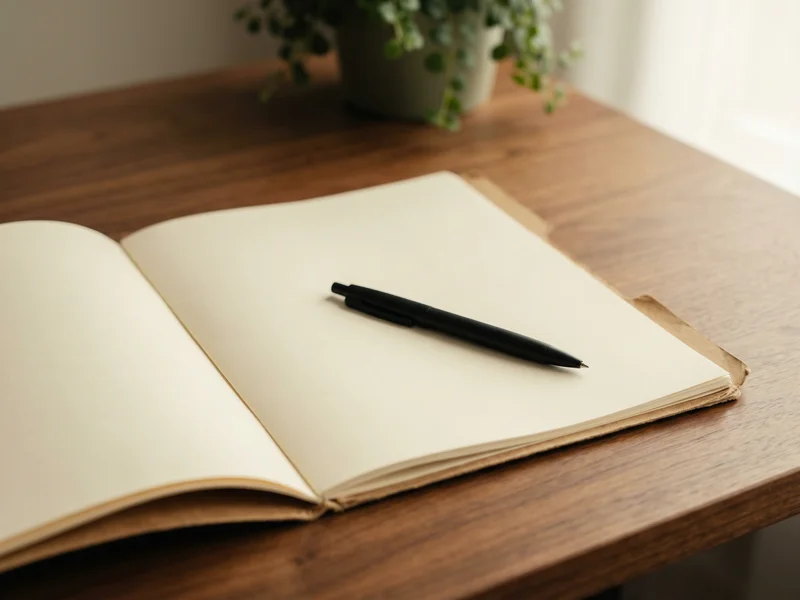 Open folder with blank pages and pen on walnut desk