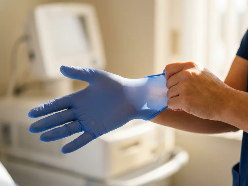 Healthcare worker pulling on nitrile gloves