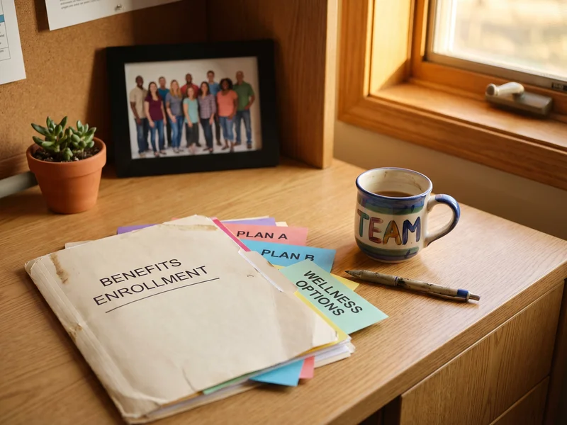 Benefits enrollment folder with plan comparison sheets on sunlit desk