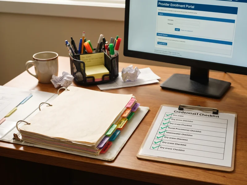 Credentialing binder with compliance checklist on organized workspace