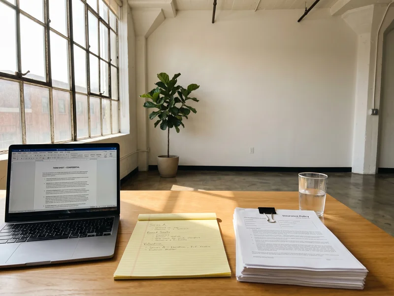 Founder's desk with term sheet, insurance documents, and legal pad
