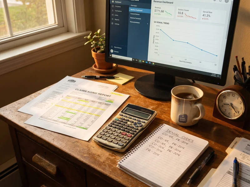 Claims aging report and revenue dashboard on billing department desk