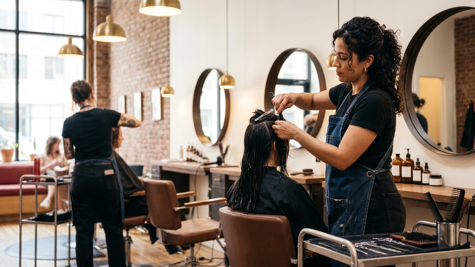 NY independent salon stylist sectioning client's hair at brick-walled station with brass pendants — beauty salon insurance
