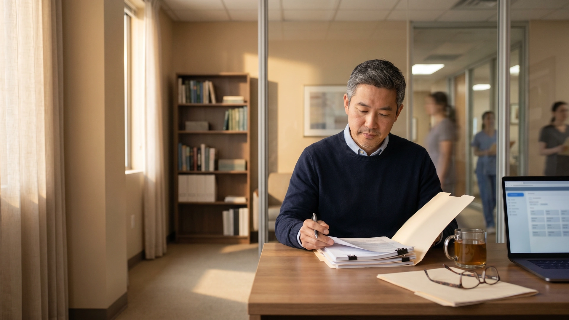 Credentialing specialist reviewing provider paperwork in practice back office — NY payer contracting