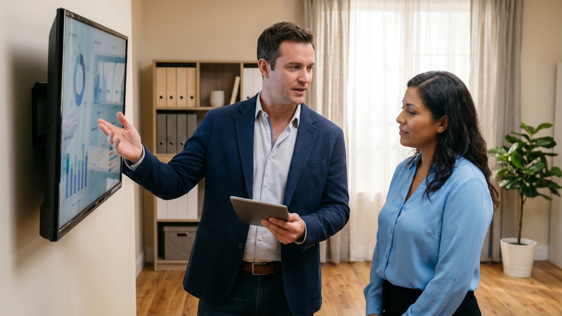 NY benefits broker and practice administrator reviewing plan data at wall monitor — medical practice benefits