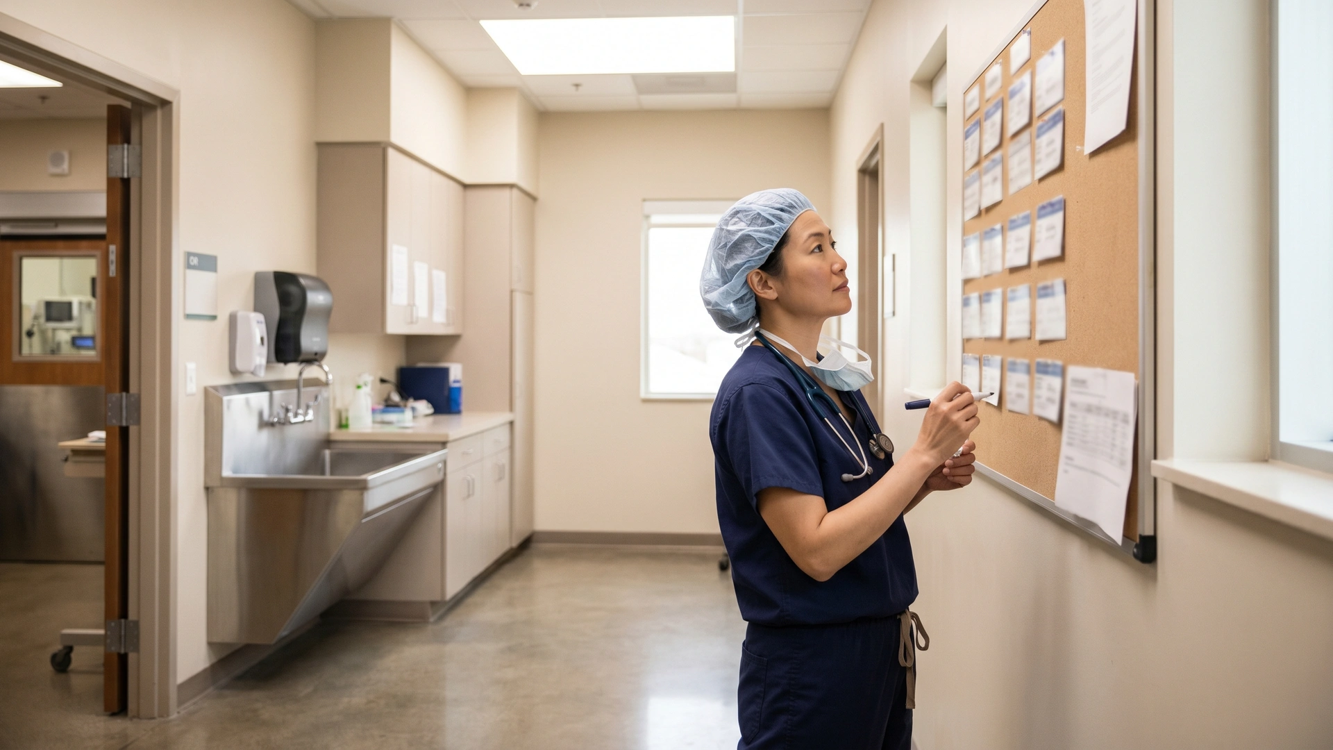 General surgeon in navy scrubs at pre-op corkboard reviewing case schedule — NY general surgery malpractice