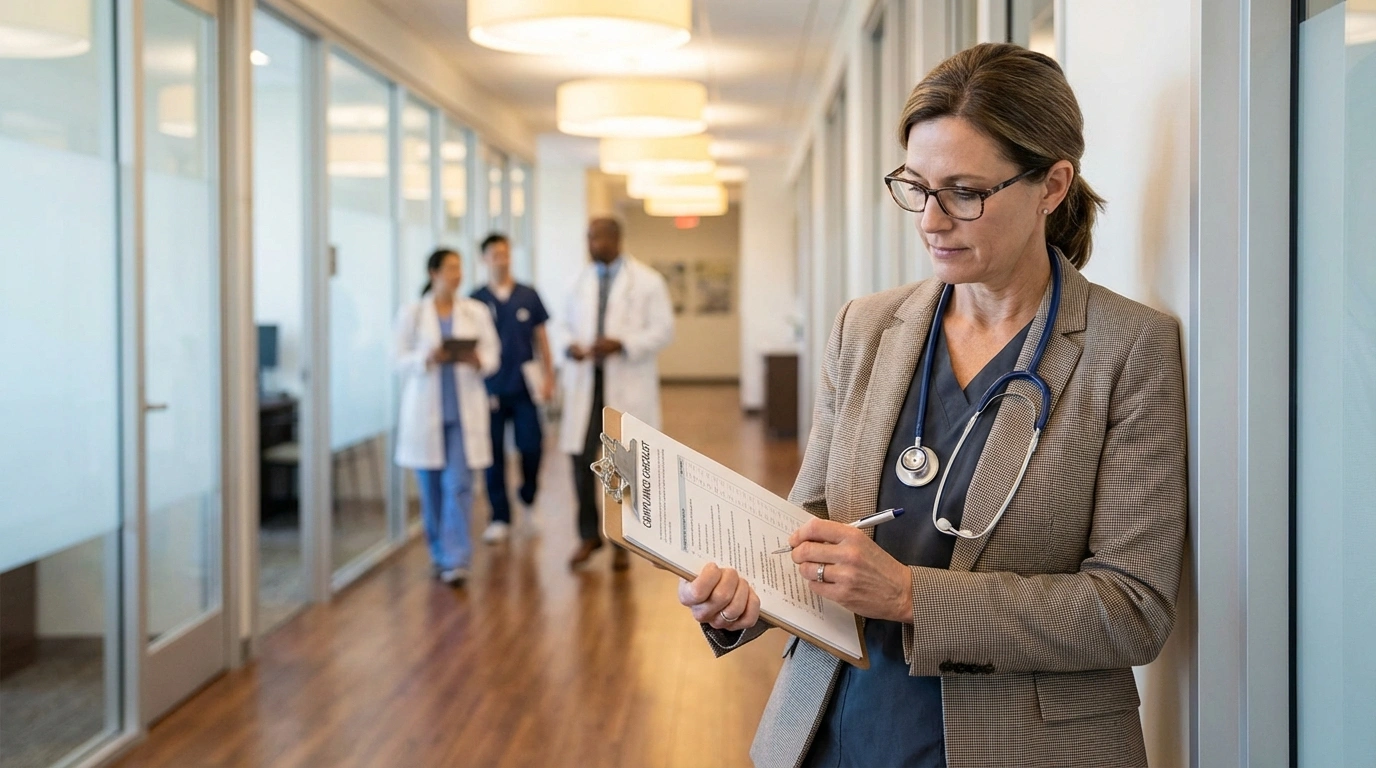 NY healthcare practice administrator reviewing annual risk checklist against 2026 renewal binder