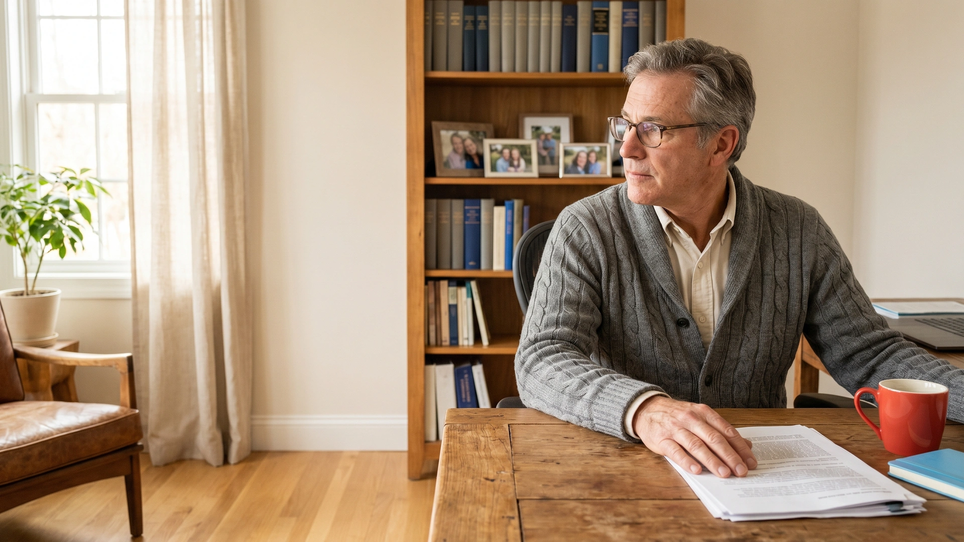 Senior physician at home office desk in contemplative planning mode — long-term care insurance considerations