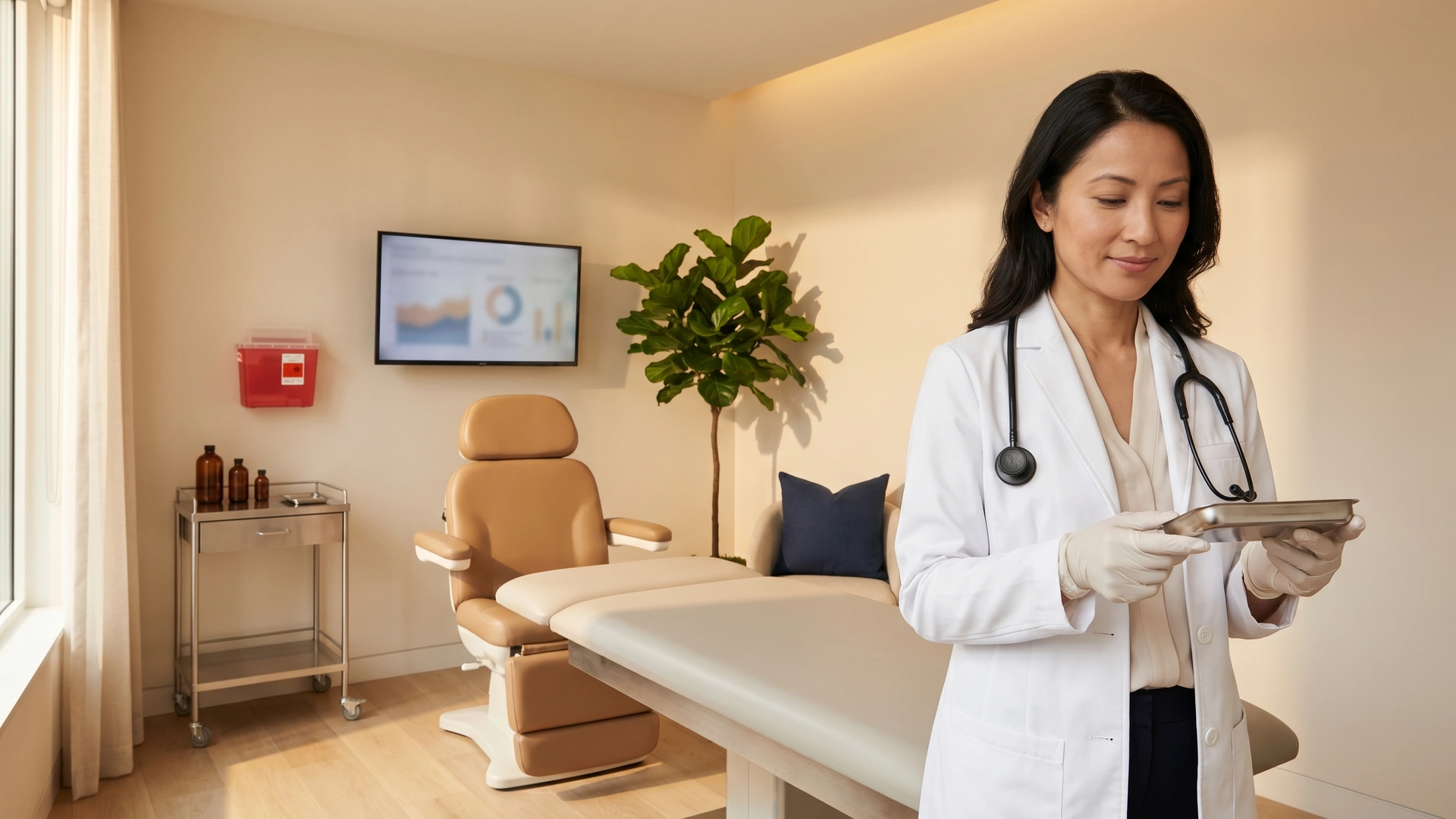 NY medical spa physician in white coat reviewing sample tray in modern aesthetic-medicine treatment room — med spa malpractice