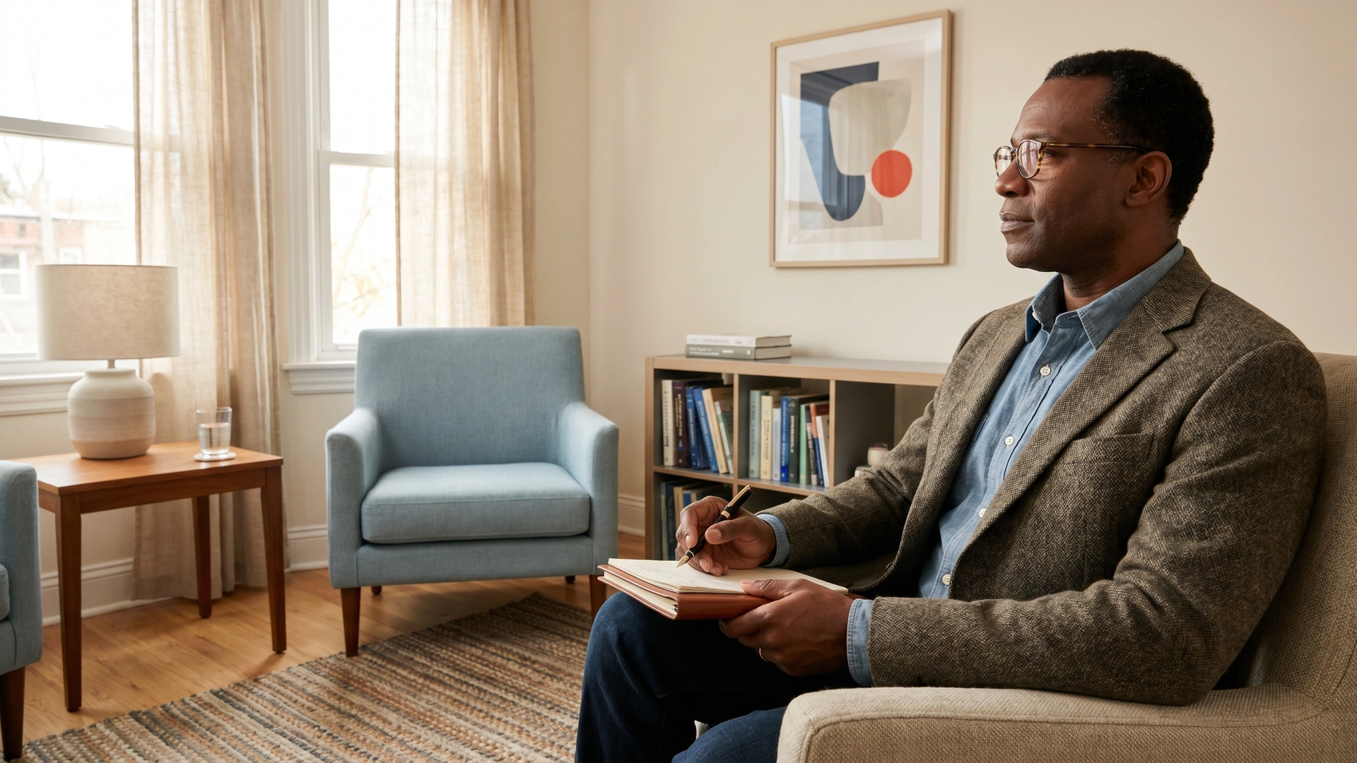 NY psychiatrist in private practice office between sessions, leather notebook in hand — psychiatry malpractice coverage